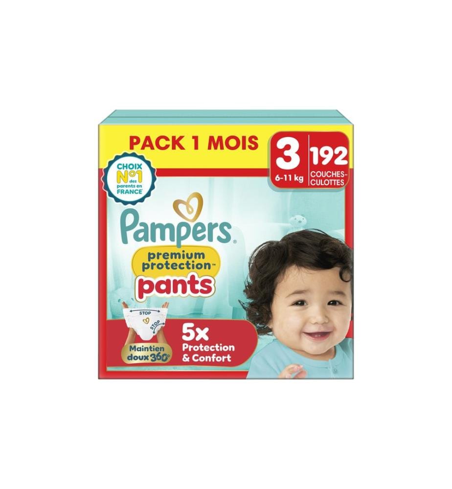 PAMPERS - Couches Premium Protection Pants Taille 3, 192 pièces