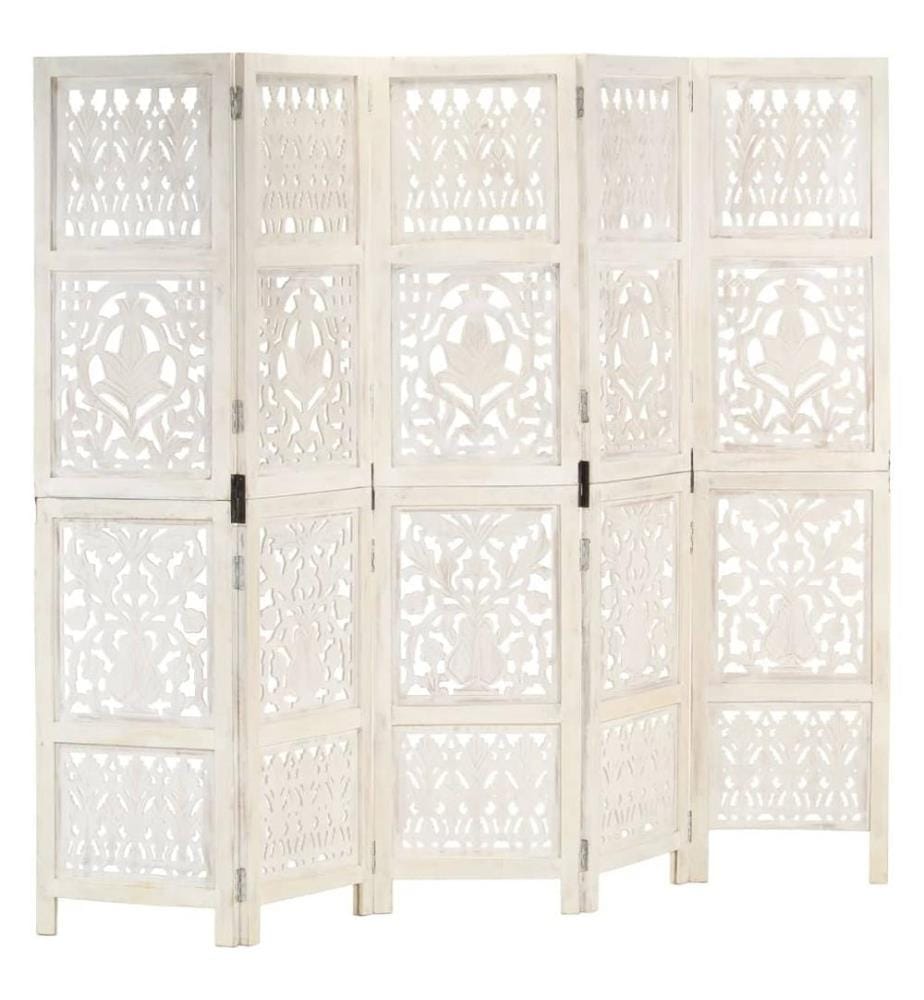 Cloison de séparation 5 panneaux Blanc 200x165 cm Bois manguier