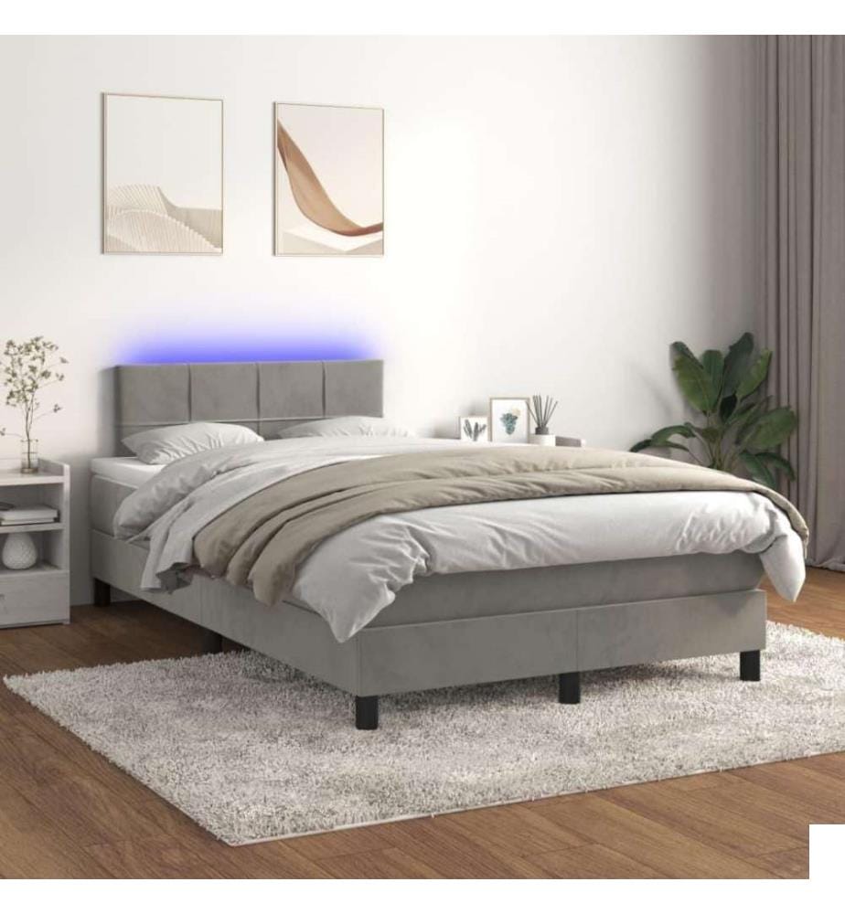 Sommier tapissier matelas et LED Gris clair 120x200 cm Velours