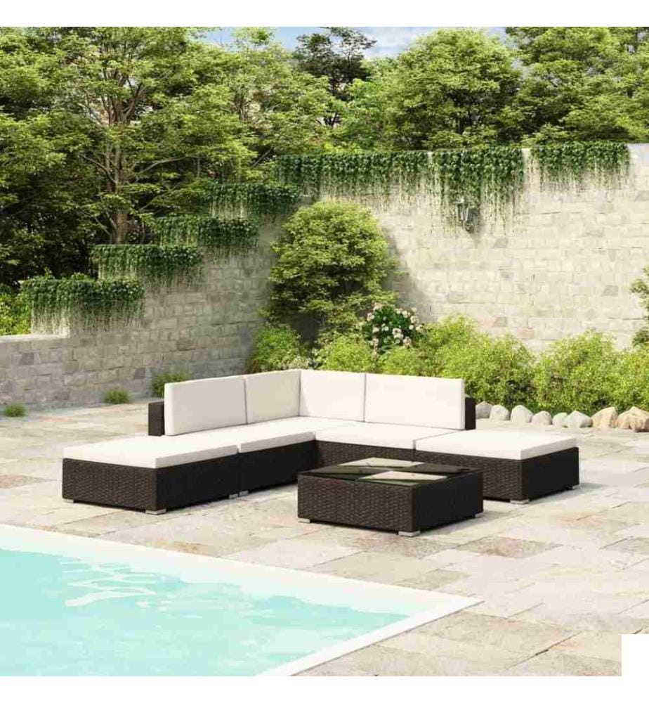 Salon de jardin 6 pcs avec coussins Résine tressée Noir