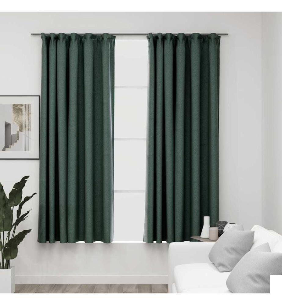 Rideaux occultants aspect lin avec crochets 2pcs Vert 140x175cm