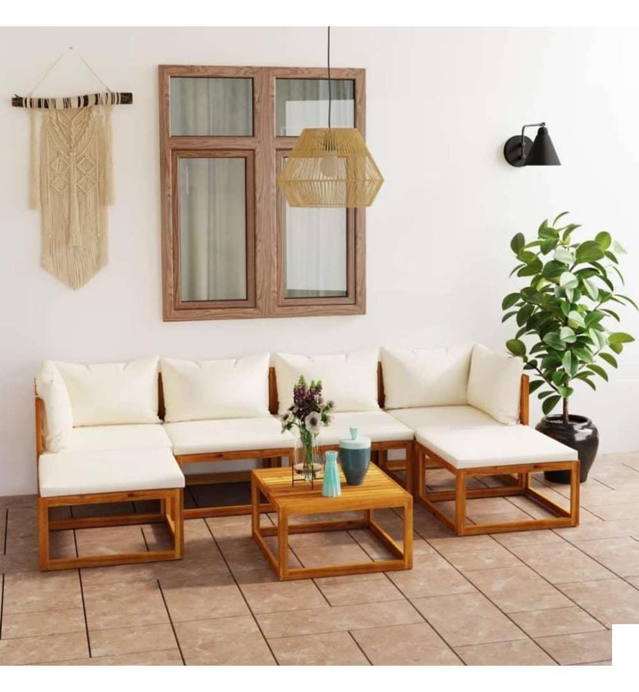 Salon de jardin 7 pcs avec coussin Crème Bois d'acacia solide