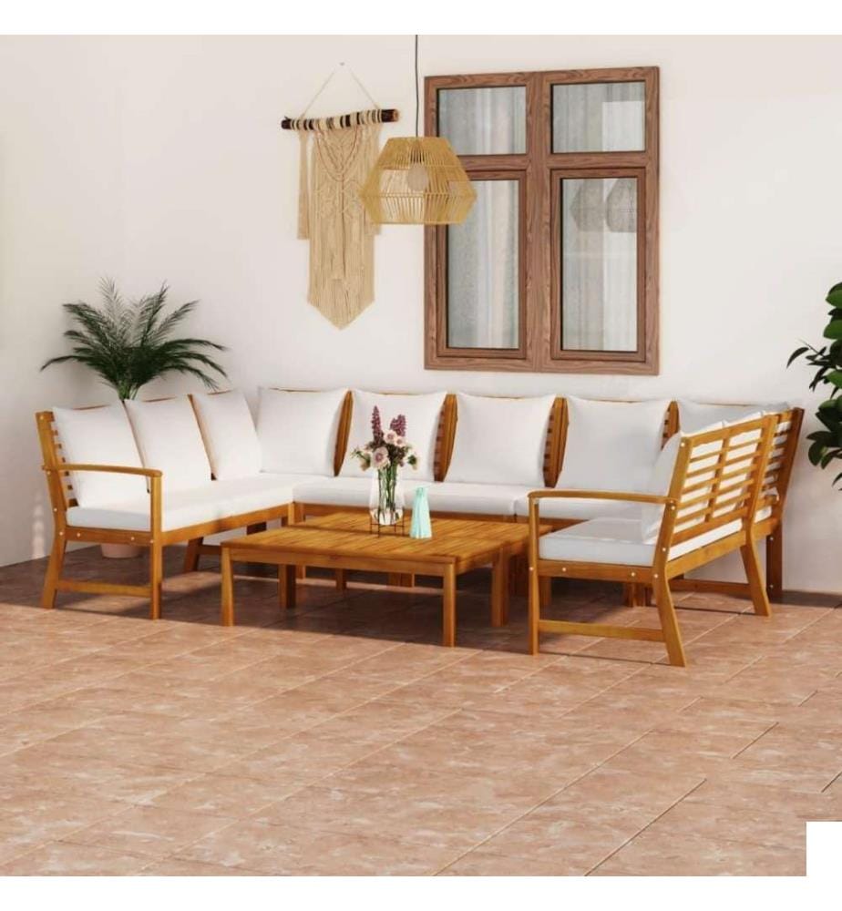 Salon de jardin 9 pcs avec coussin Crème Bois d'acacia solide