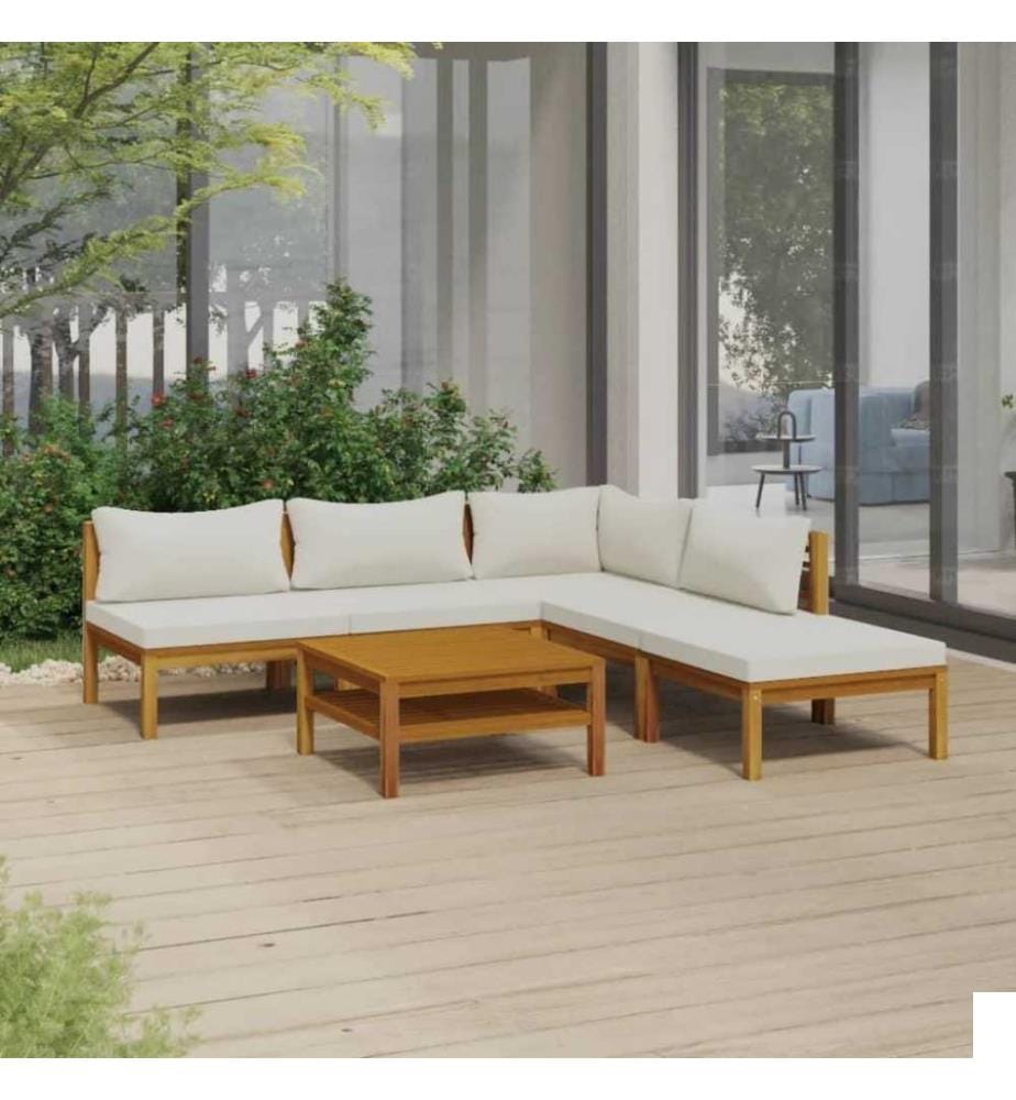 Salon de jardin 6 pcs avec coussin crème Bois d'acacia solide