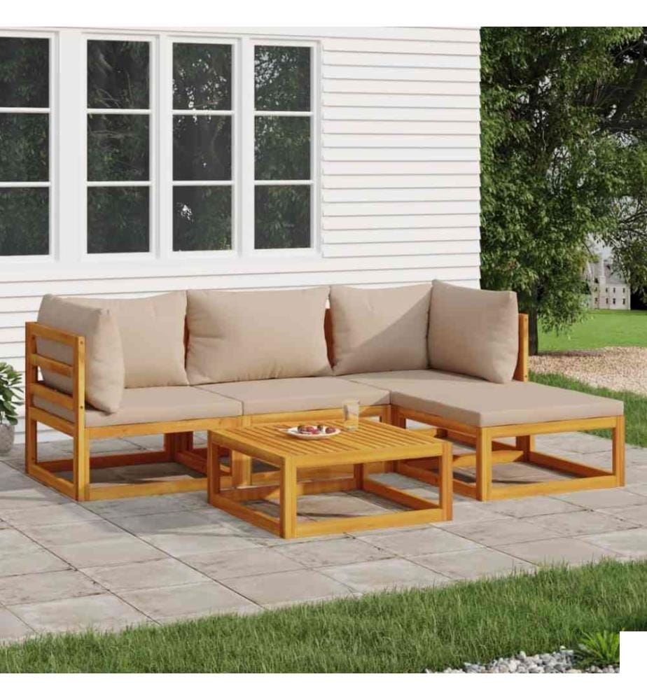 Salon de jardin 5 pcs avec coussins taupe bois massif