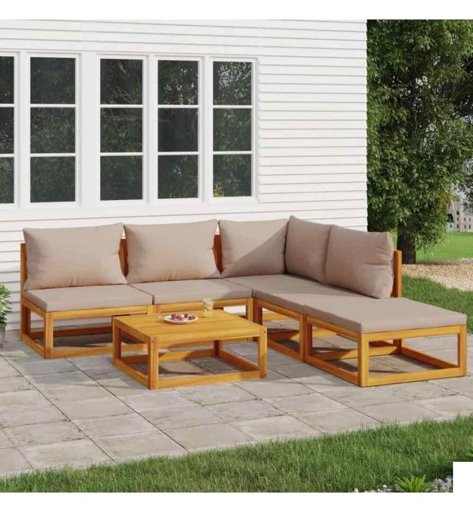 Salon de jardin 6 pcs avec coussins taupe bois massif