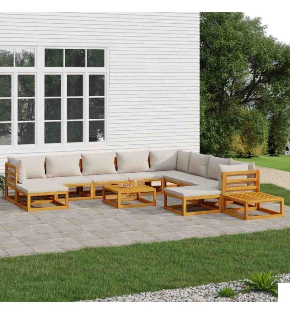 Salon de jardin 12 pcs avec coussins gris clair bois massif