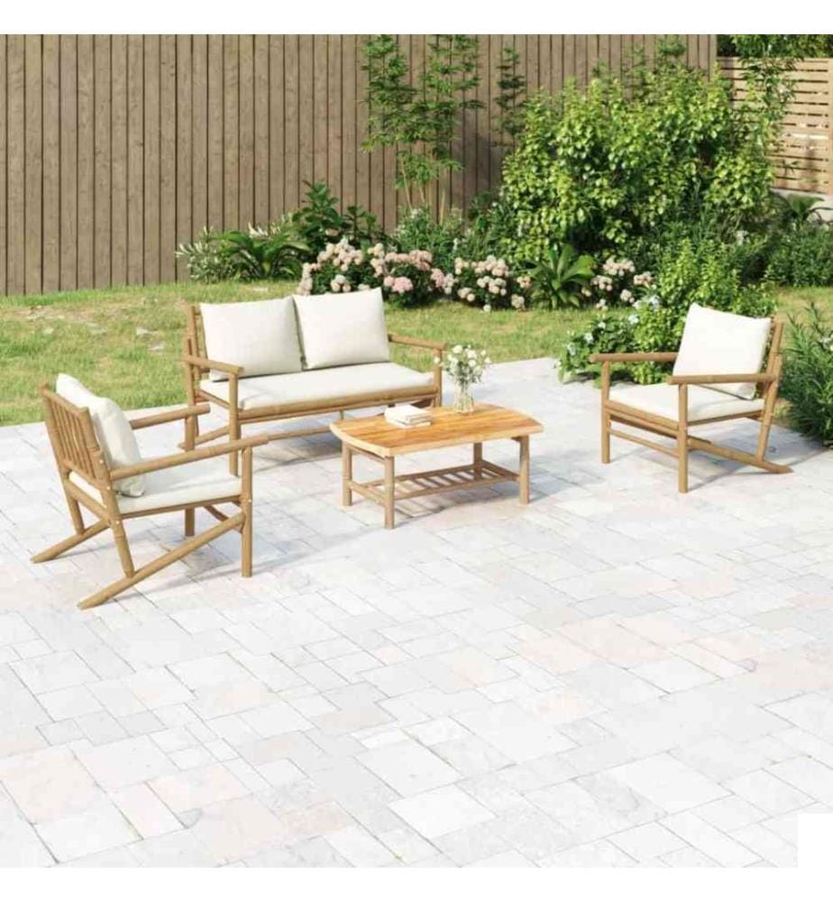 Salon de jardin 4 pcs avec coussins blanc crème bambou