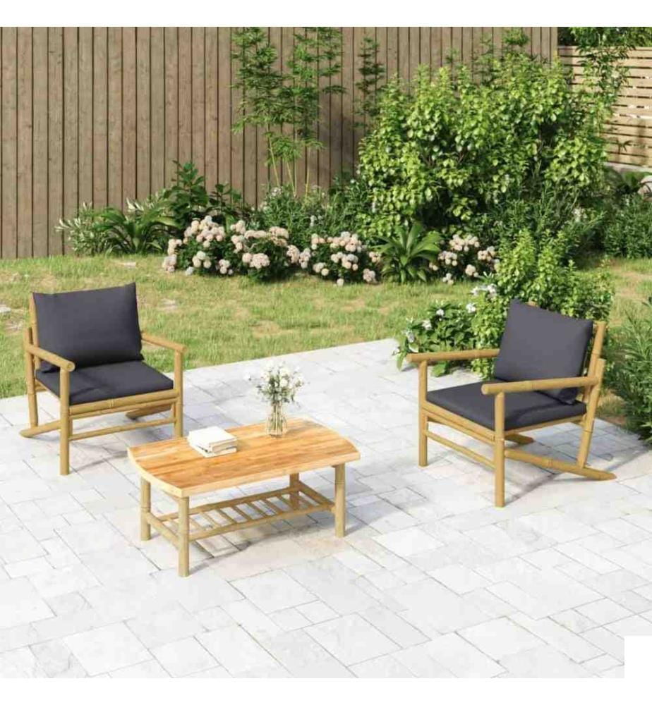 Salon de jardin 3 pcs avec coussins gris foncé bambou