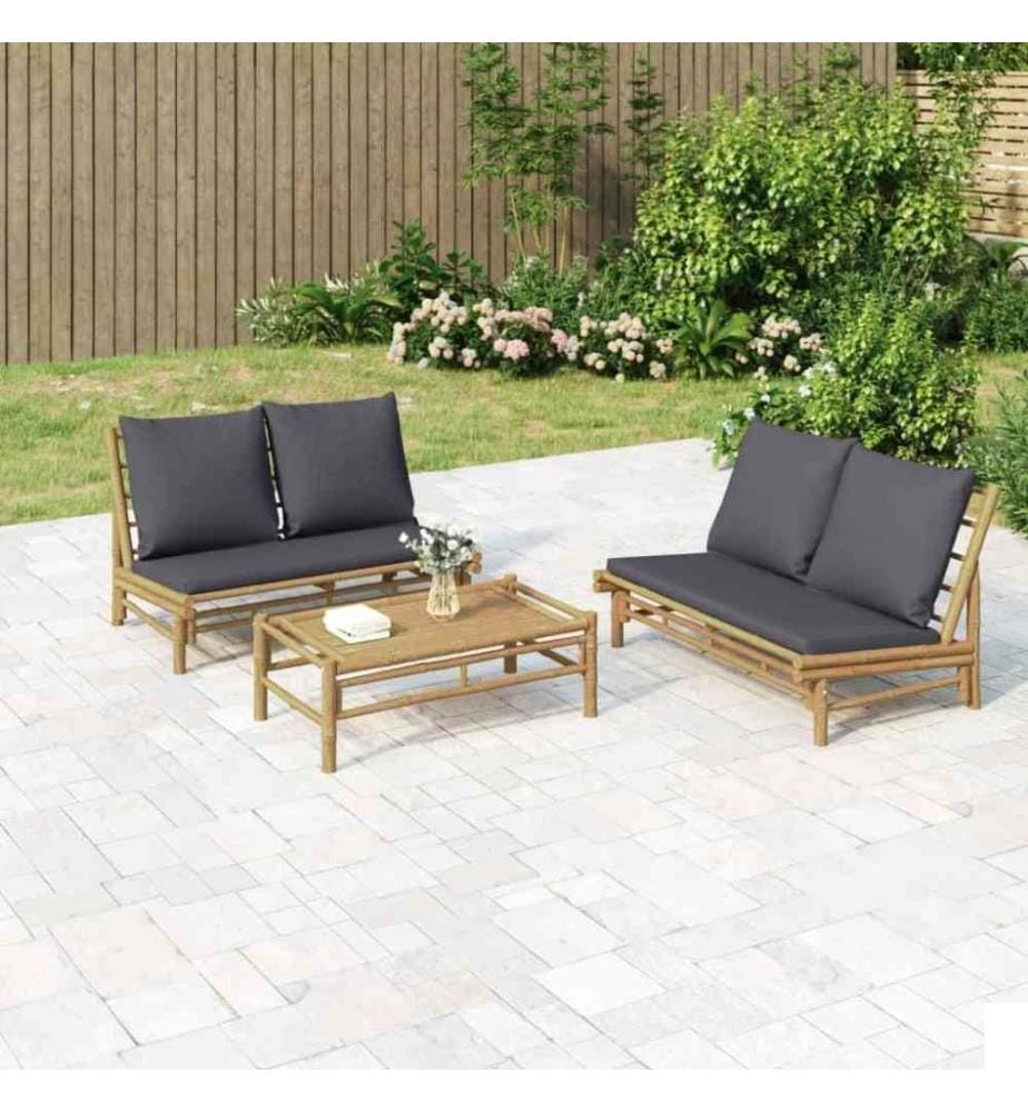 Salon de jardin 3 pcs avec coussins gris foncé bambou
