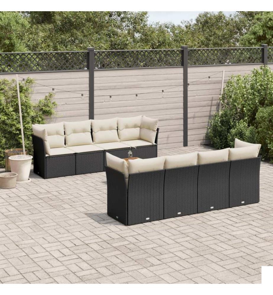 Salon de jardin 9 pcs avec coussins noir résine tressée