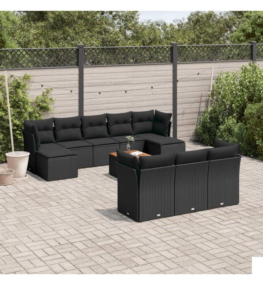 Salon de jardin 11 pcs avec coussins noir résine tressée
