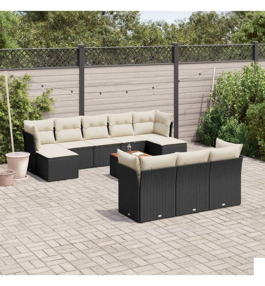 Salon de jardin 11 pcs avec coussins noir résine tressée