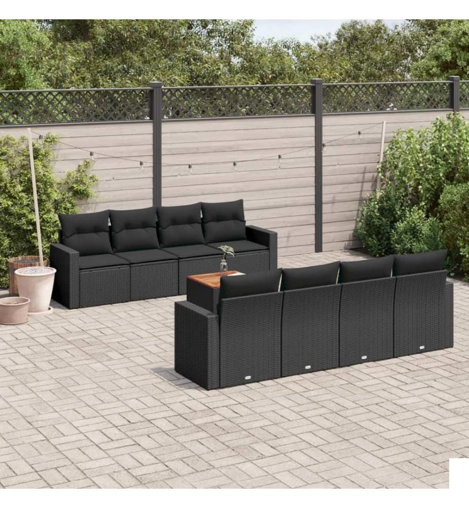 Salon de jardin 9 pcs avec coussins noir résine tressée