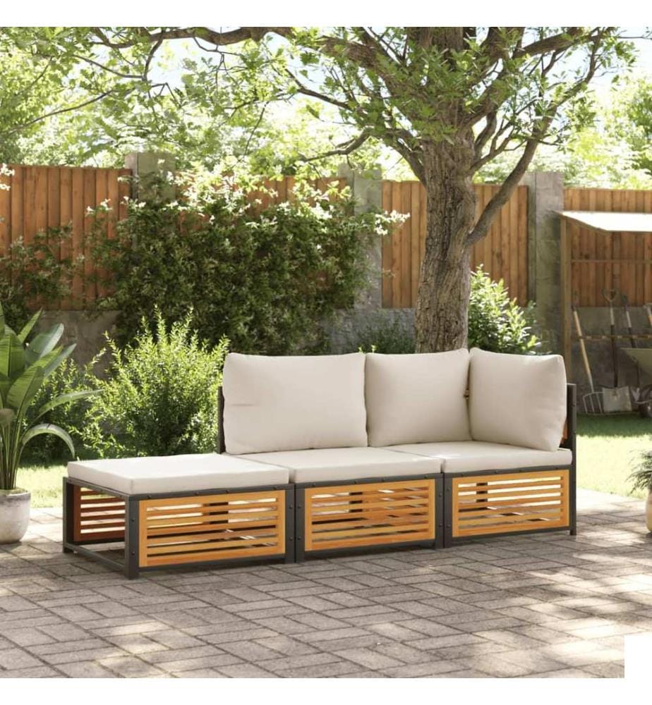 Salon de jardin avec coussins 3 pcs bois massif d'acacia
