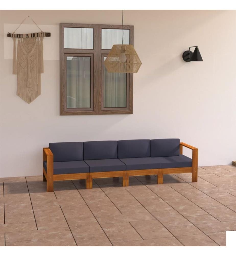 Canapé de jardin 4 places et coussins gris foncé bois d'acacia