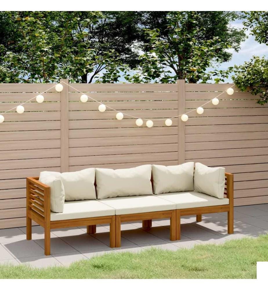 Canapé de jardin 3 places et coussin crème Bois d'acacia massif