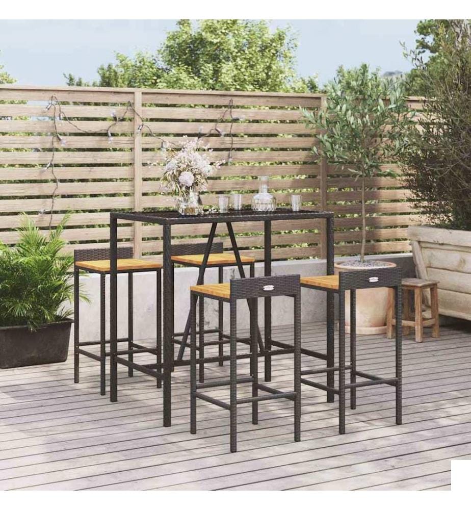Ensemble de bar jardin 5 pcs noir poly rotin/bois massif acacia
