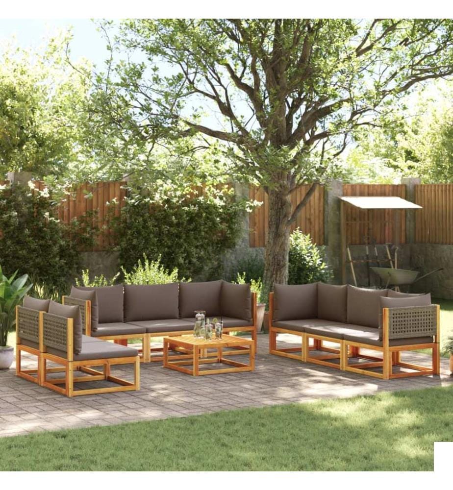 Ensemble de canapés de jardin 9 pièces avec coussins en bois d'acacia et rotin