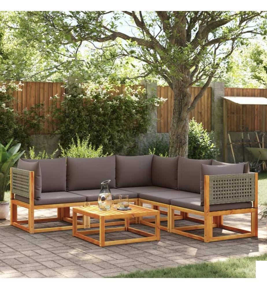 Ensemble de canapés de jardin 6 pièces avec coussins en bois d'acacia et rotin