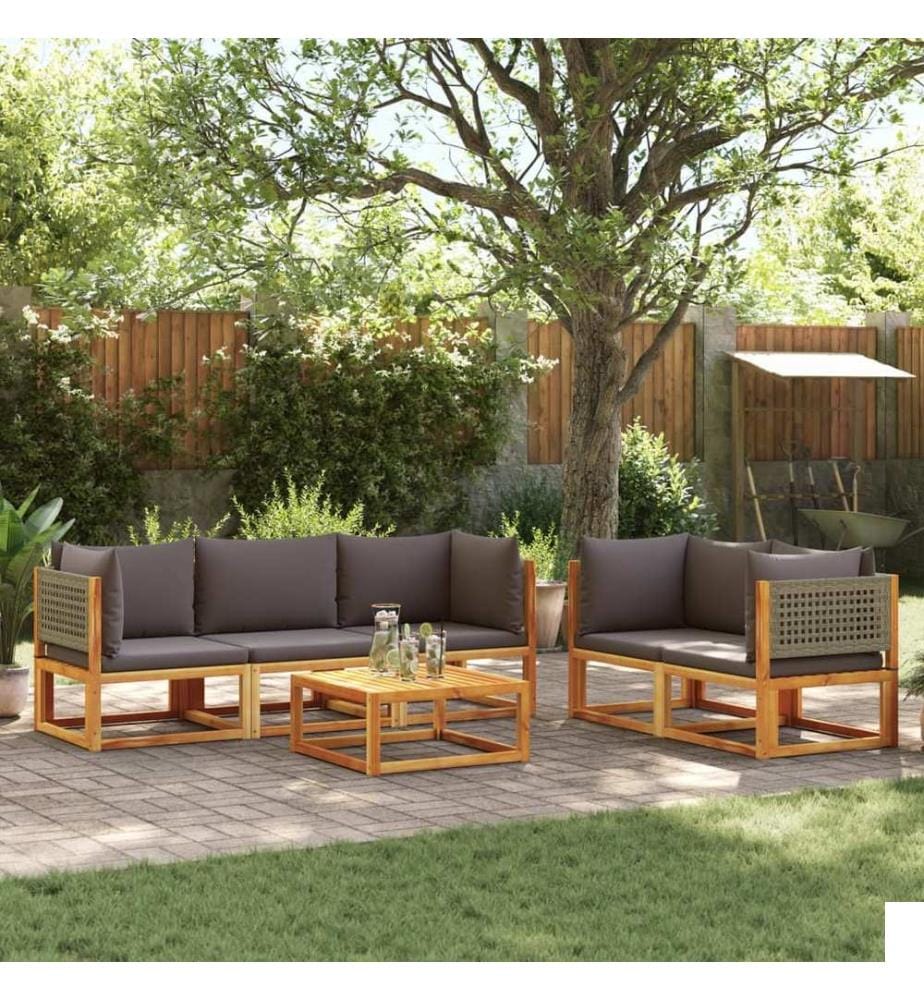 Ensemble de canapés de jardin 6 pièces avec coussins en bois d'acacia et rotin