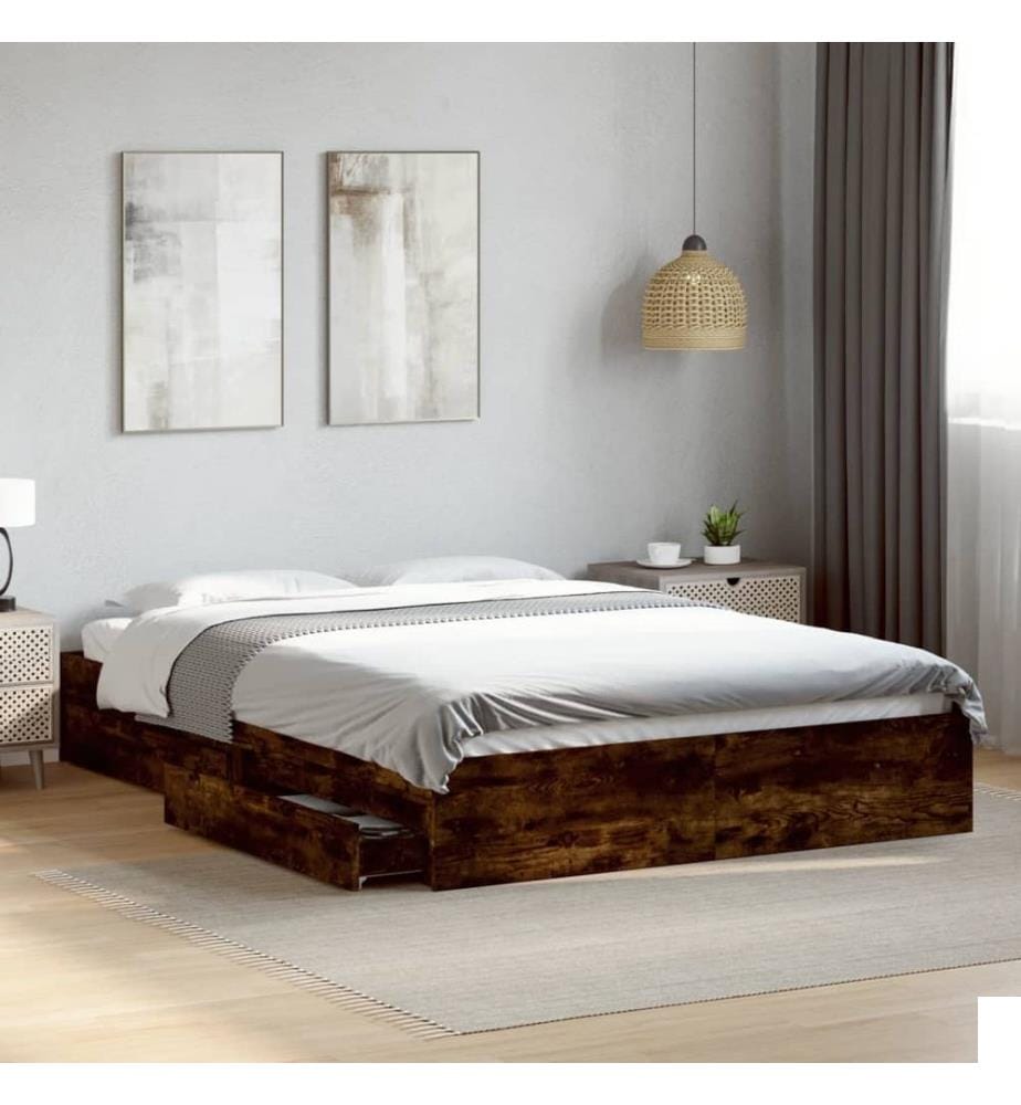 Cadre de lit avec tiroirs sans matelas chêne fumé 160x200 cm