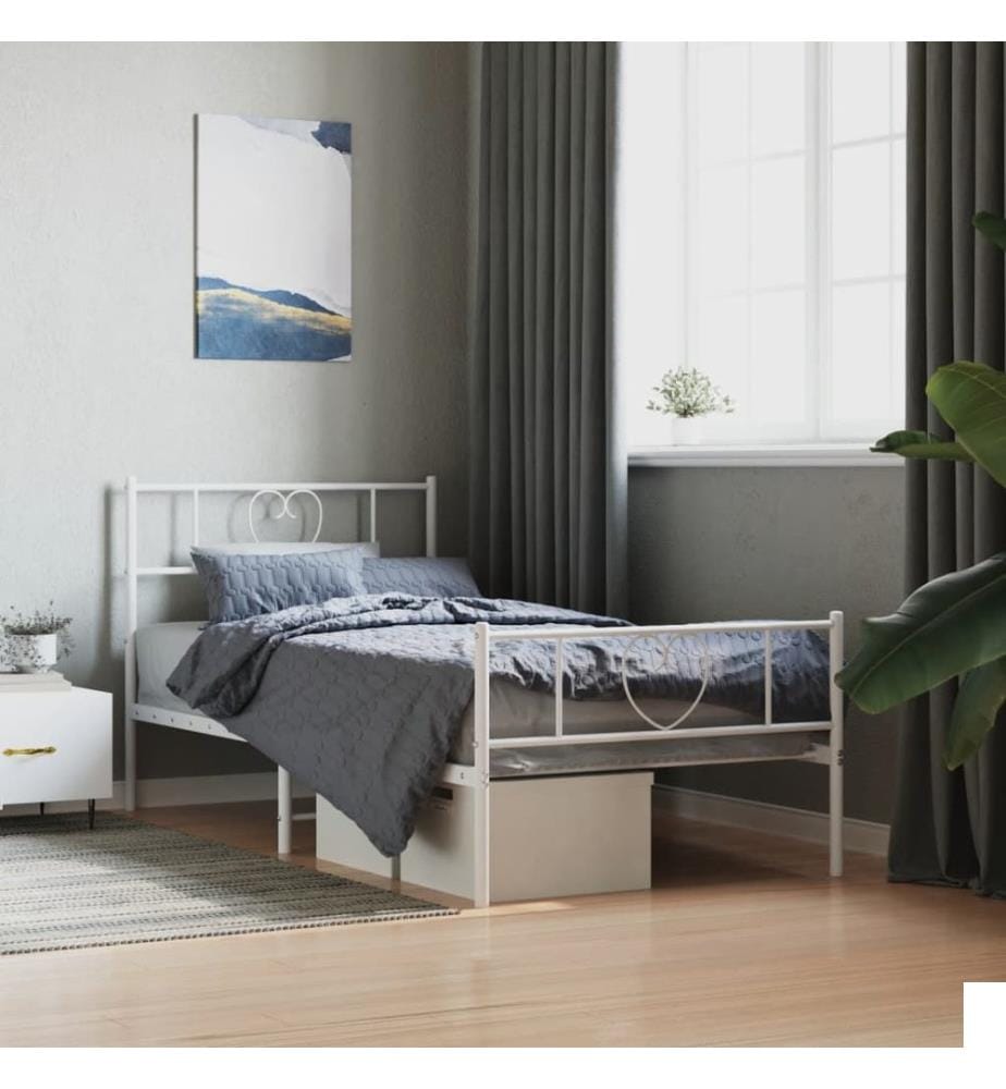 Cadre de lit métal sans matelas avec pied de lit blanc 90x200cm