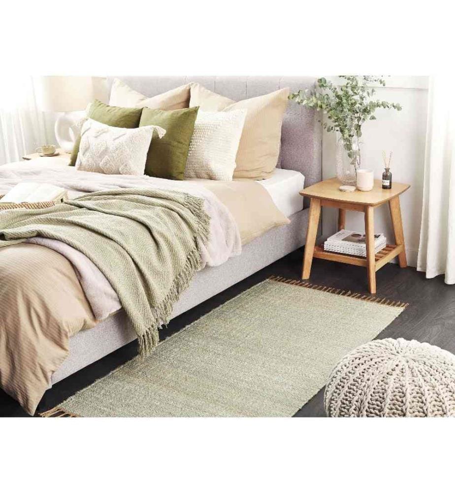 Tapis en Jute Vert Clair 80 x 150 cm Glands Franges Tissés à la Main Accessoire Déco Hall d'entrée Chambre Boho