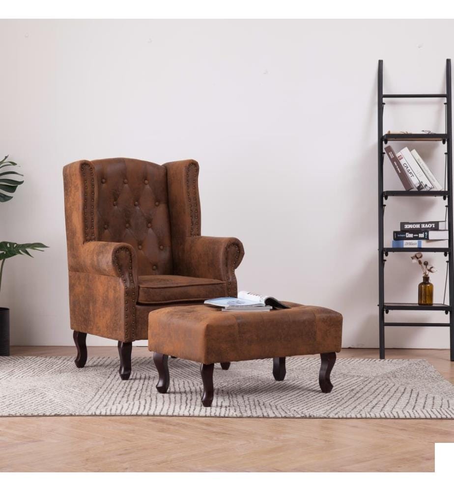 Fauteuil Chesterfield et repose-pieds Marron Similicuir daim