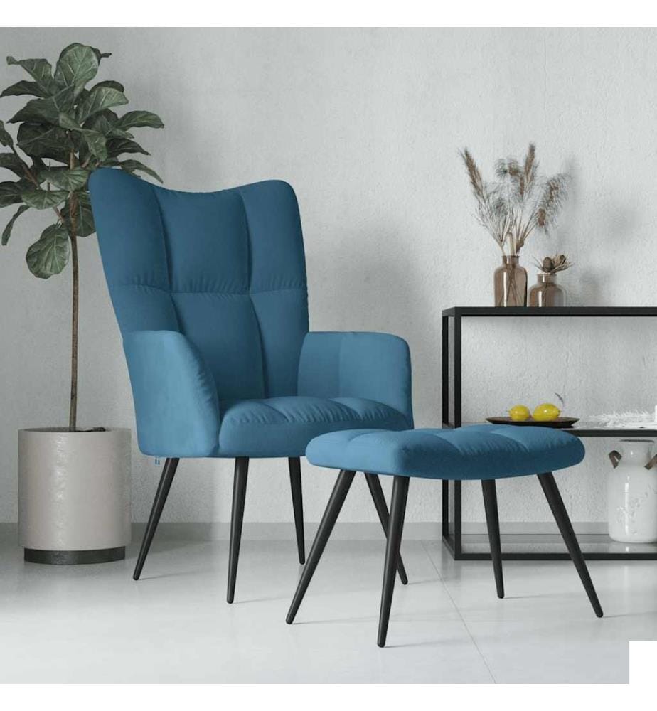 Chaise de relaxation avec tabouret Bleu Velours