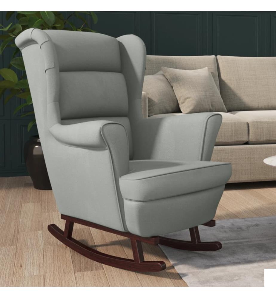 Fauteuil à bascule à oreilles en velours gris clair bois massif
