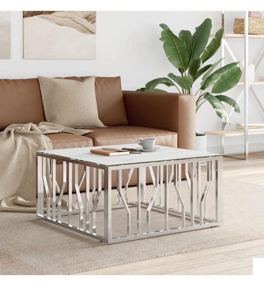 Table basse argenté 80x80x40 cm acier inoxydable et verre
