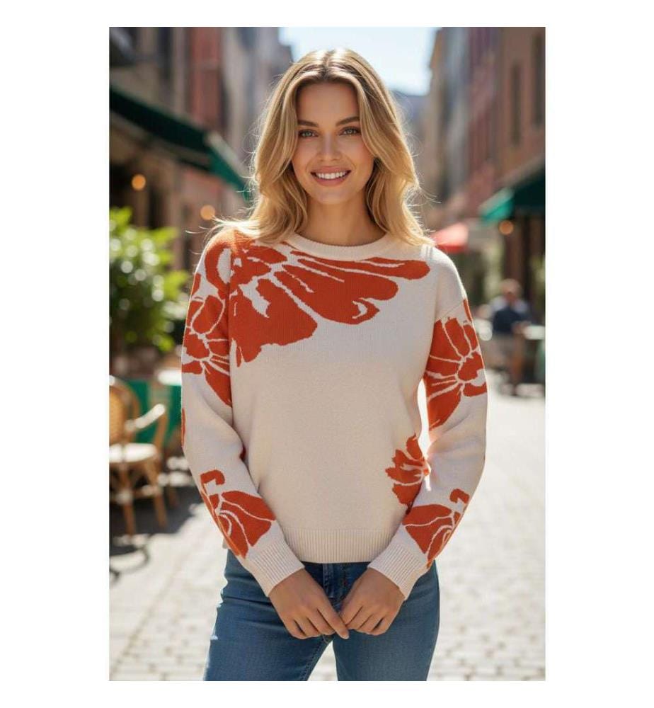 Pull Ample Beige À Manches Larges Et Motif Floral Audacieux - Beige
