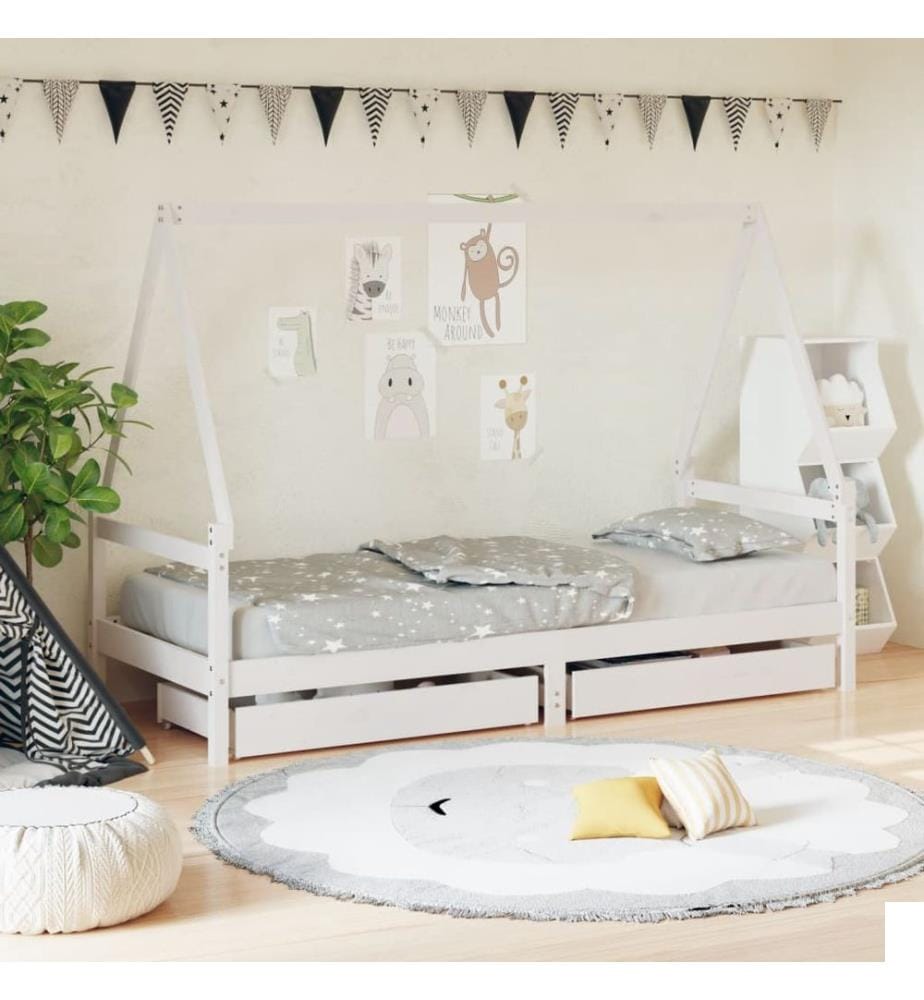 Cadre de lit enfant tiroirs blanc 80x200 cm bois de pin massif