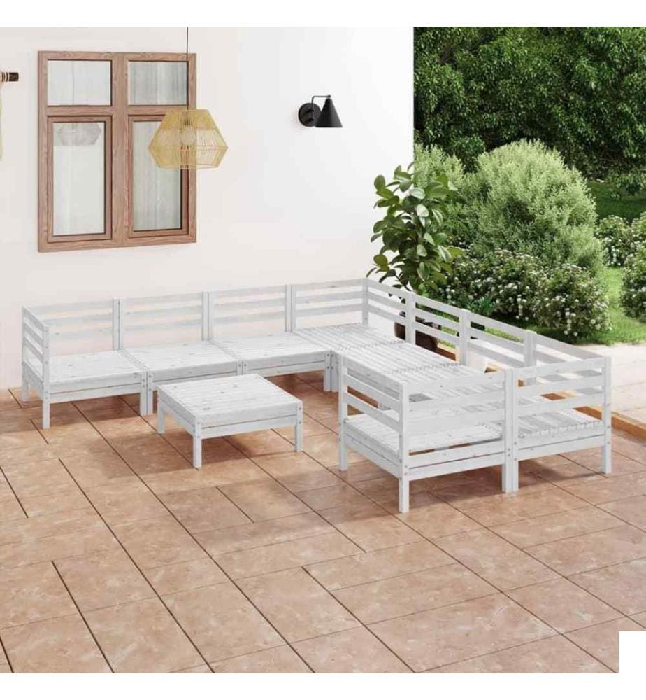 Salon de jardin 9 pcs Blanc Bois de pin massif