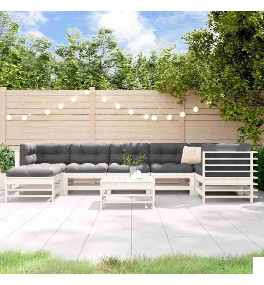 Salon de jardin 8 pcs avec coussins blanc bois massif