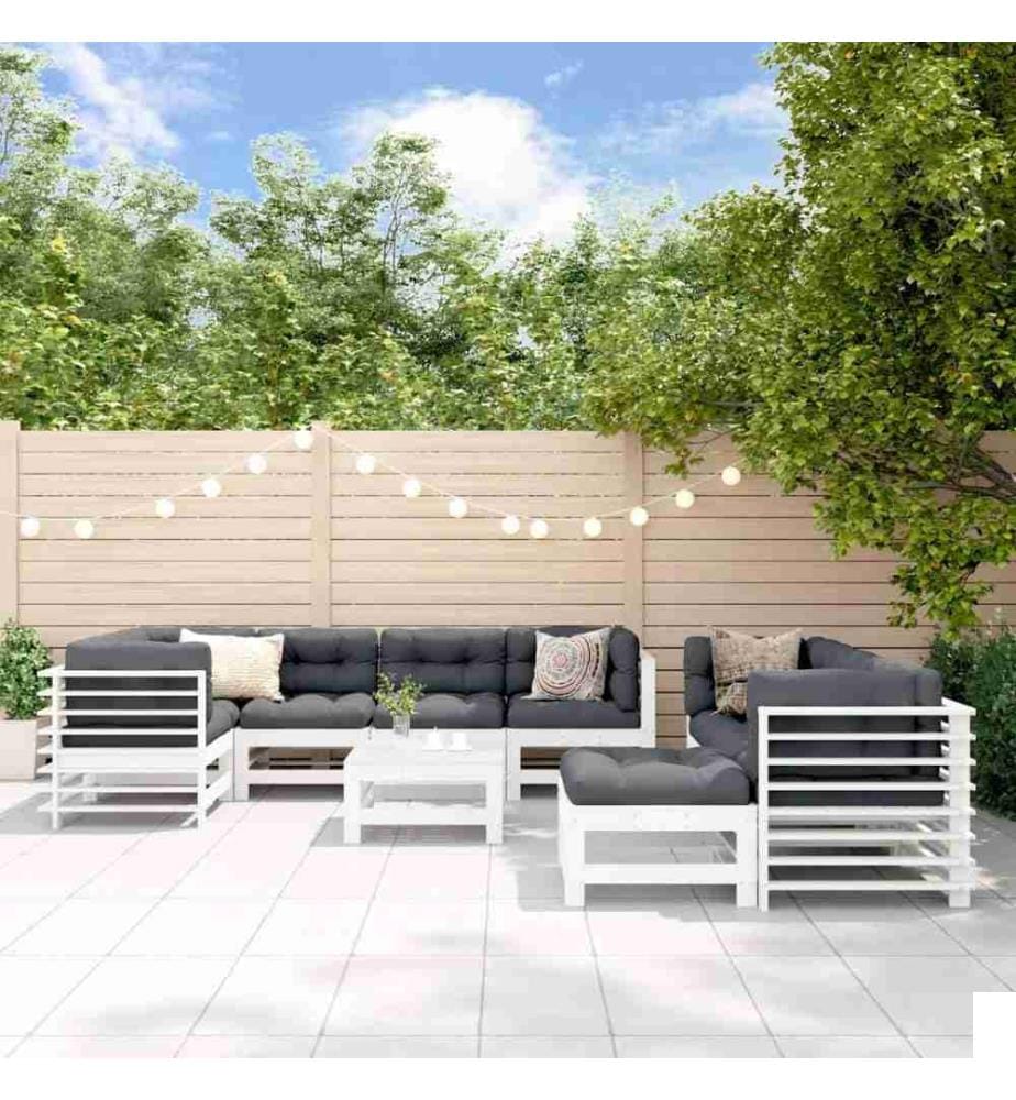 Salon de jardin 10 pcs avec coussins blanc bois massif