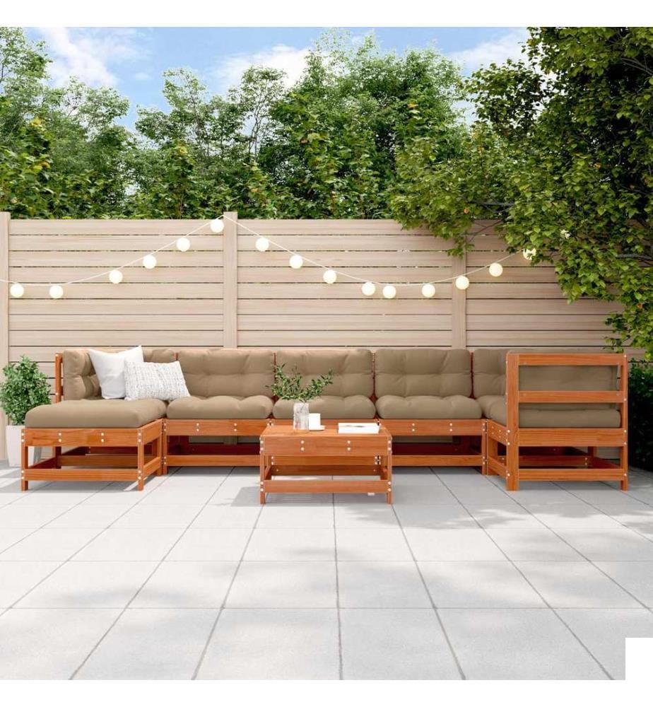 Ensemble de salon de jardin 8 pcs Brun cire Bois de pin massif