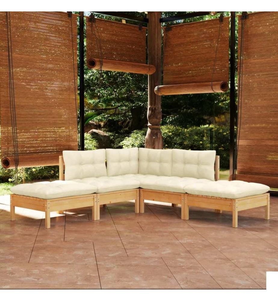 Salon de jardin 5 pcs avec coussins crème bois de pin