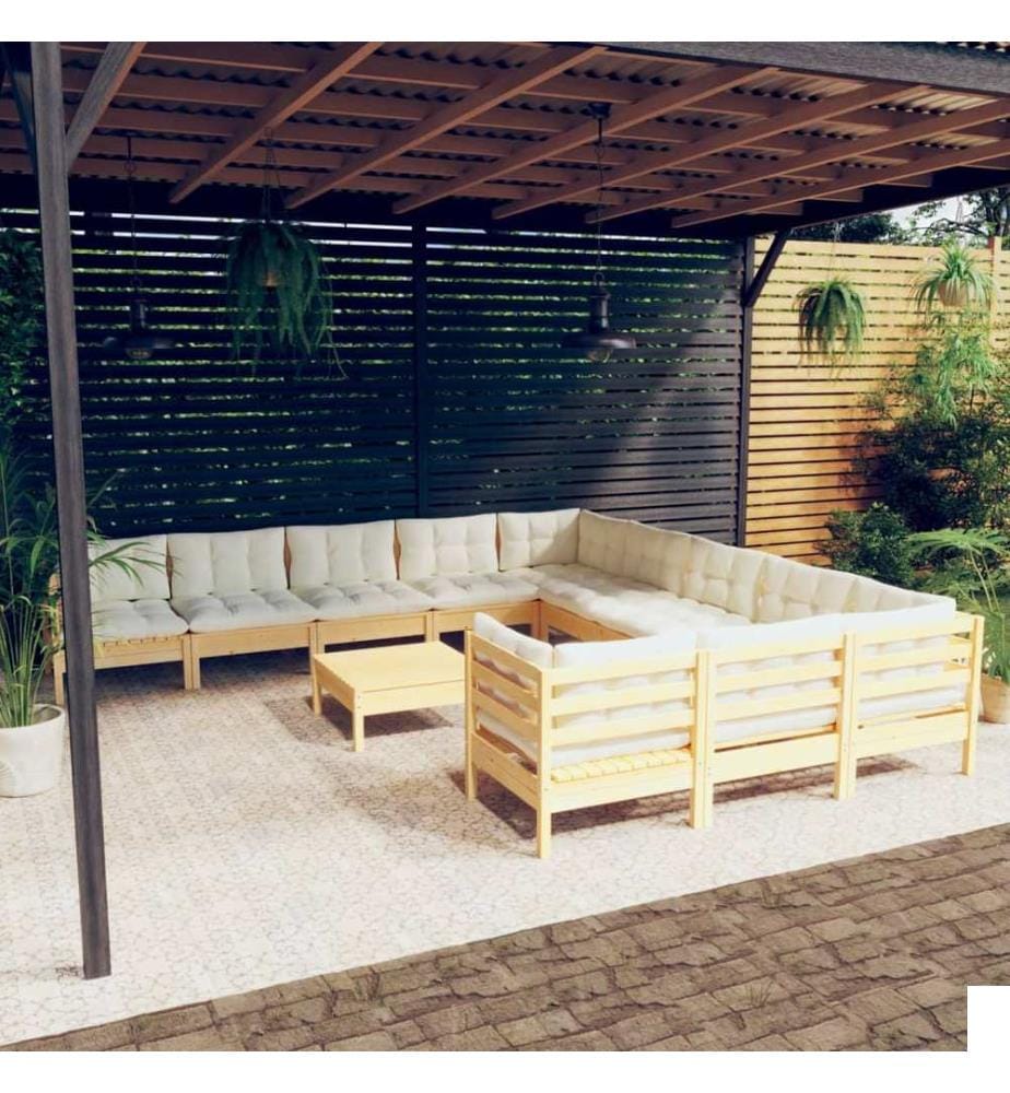 Salon de jardin 12 pcs avec coussins crème Bois de pin