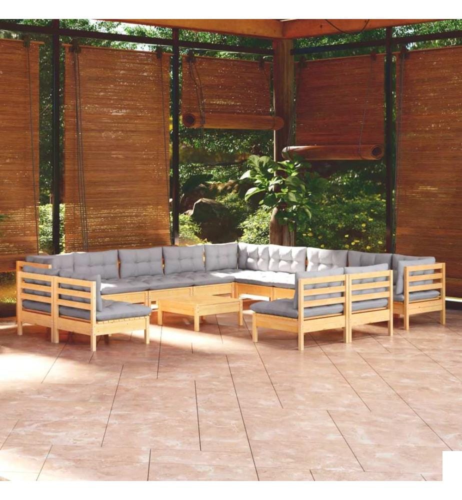 Salon de jardin 14 pcs avec coussins gris Bois de pin solide
