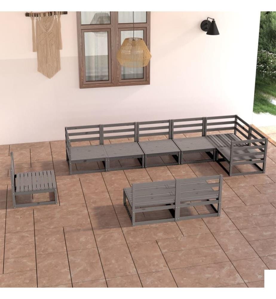Salon de jardin 9 pcs gris bois de pin massif