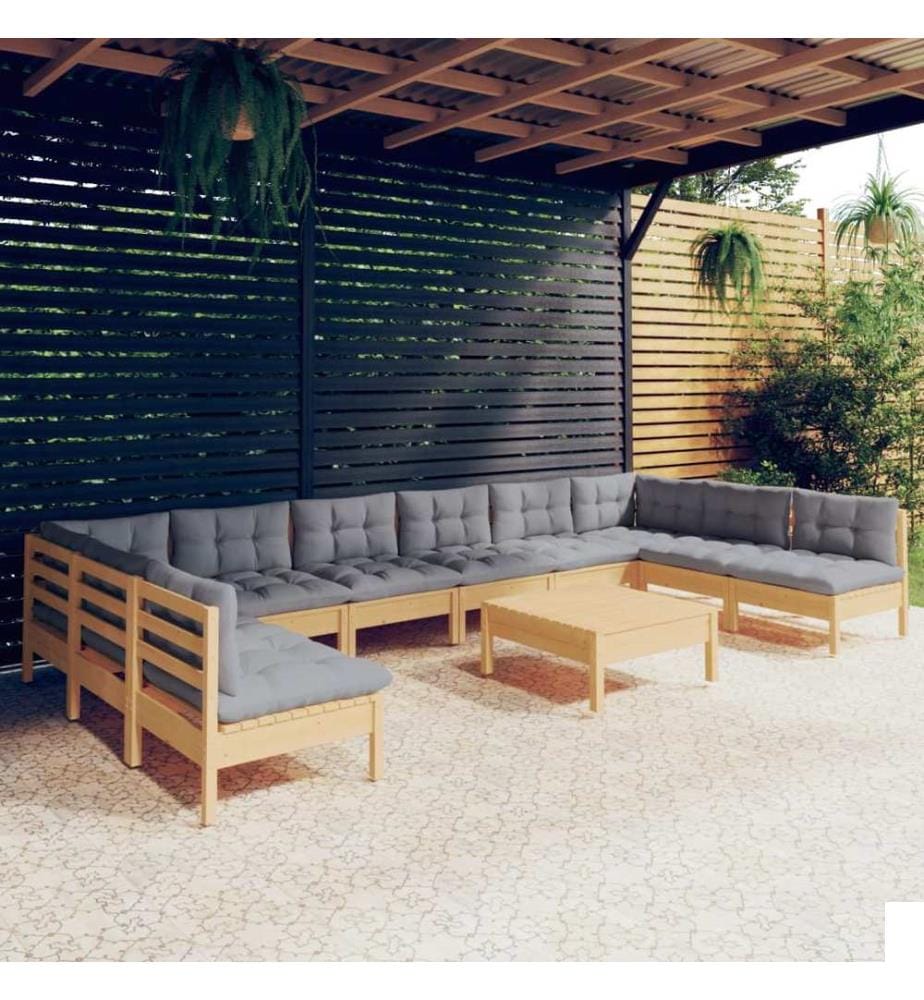 Salon de jardin 11 pcs avec coussins gris Bois de pin solide