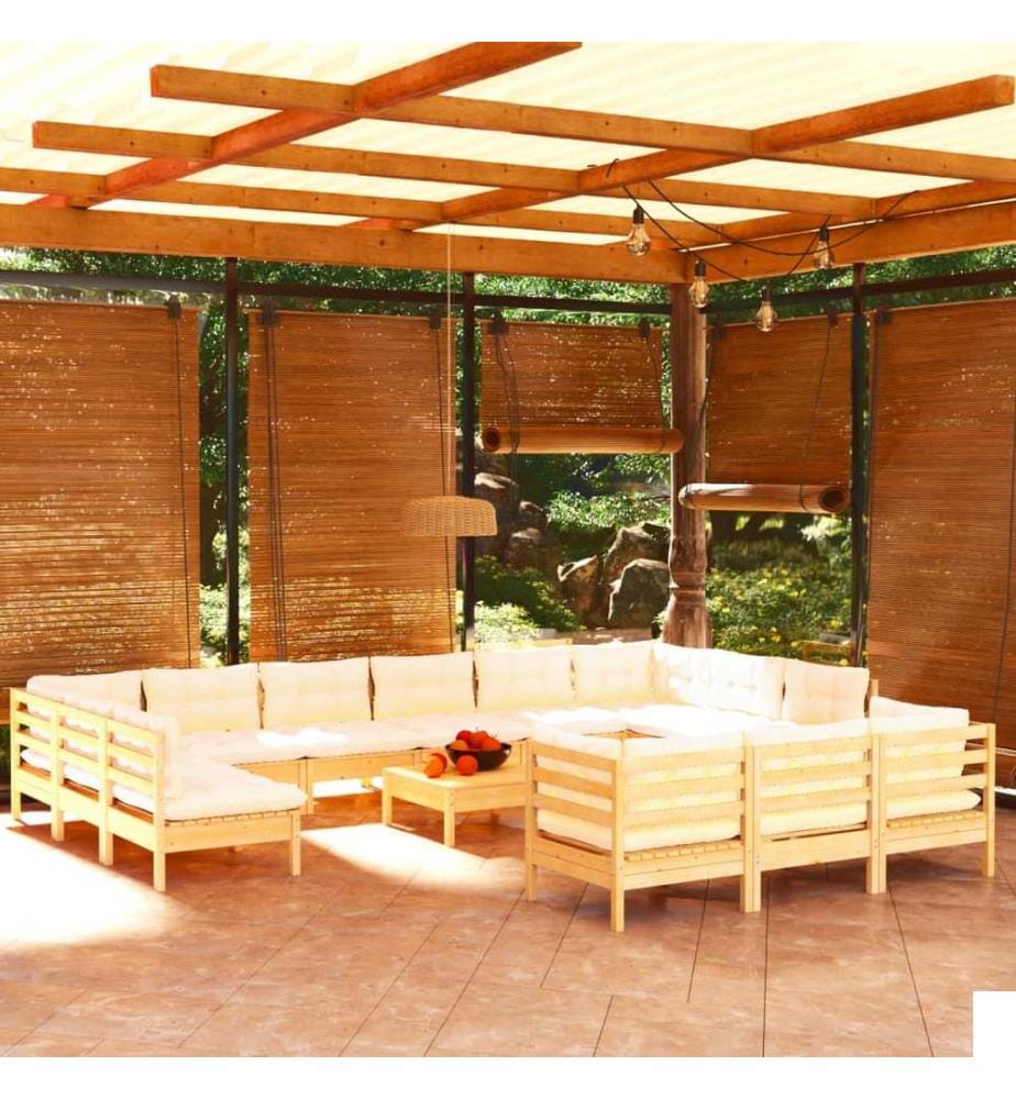 Salon de jardin 14 pcs avec coussins crème Bois de pin