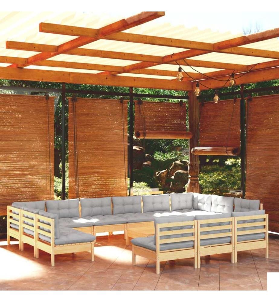 Salon de jardin 14 pcs avec coussins gris Bois de pin solide
