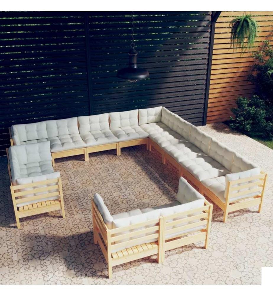 Salon de jardin 13 pcs avec coussins crème Bois de pin solide