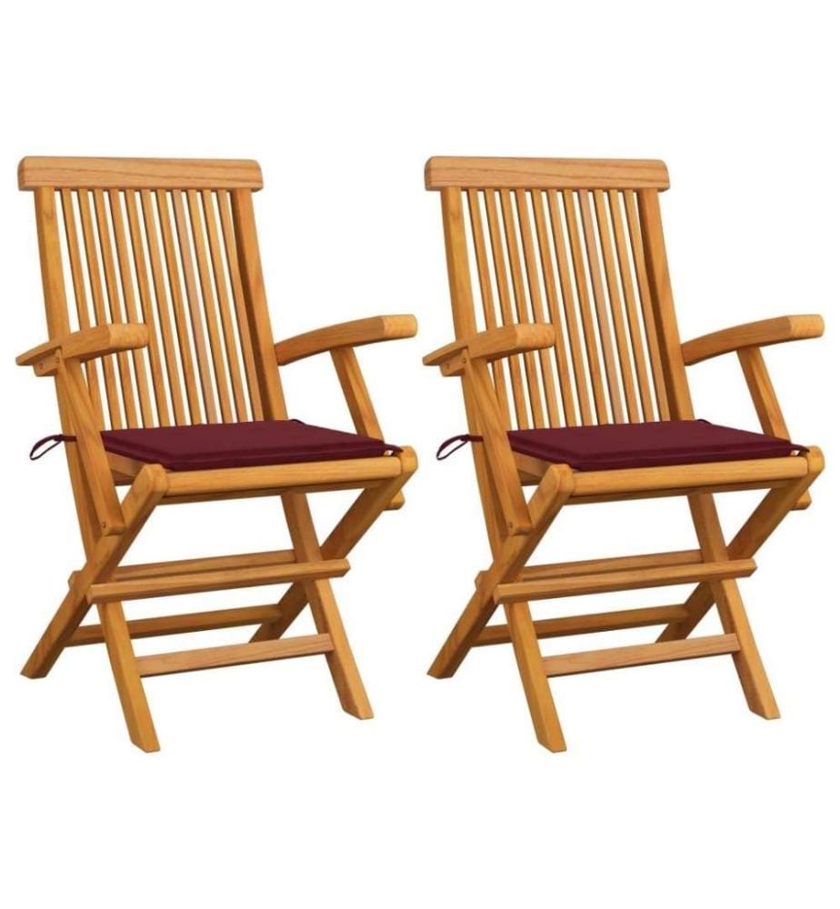 Chaises de jardin avec coussins rouge bordeaux 2pcs Teck massif