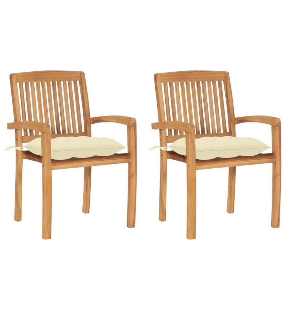 Chaises de jardin 2 pcs avec coussins blanc crème Bois de teck