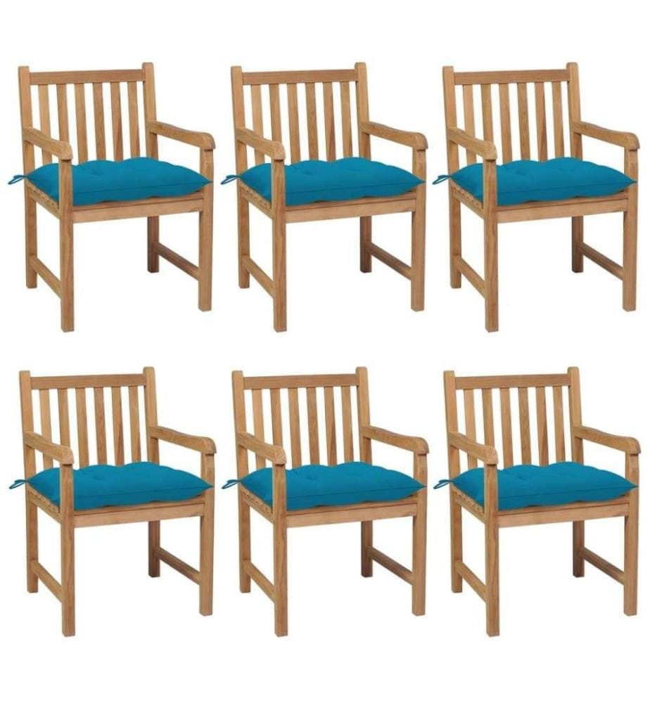 Chaises de jardin 6 pcs avec coussins bleu clair Teck solide