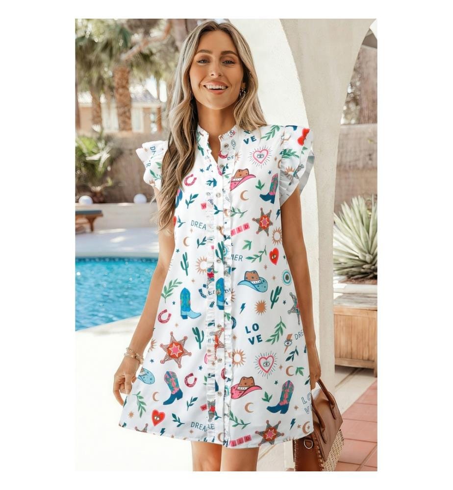 Robe mini blanche à imprimé western, manches papillon et boutons